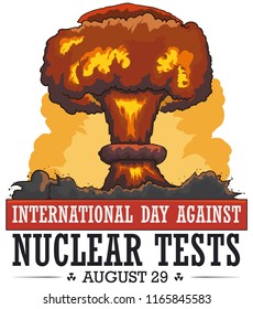 Terrible view with mushroom cloud and catastrophic effects of atomic experimentation, a commemorative awareness scene during International Day Against Nuclear Tests.