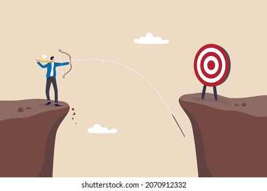 Terribly missed target, failure or mistake, fail to achieve goal, big error or wasted effort concept, overconfidence businessman archery terribly missed target.