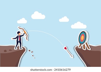 Terribly missed target, failure or mistake, fail to achieve goal, big error or wasted effort concept, overconfidence businessman archery terribly missed target.