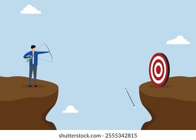 Terribly missed target, overconfident entrepreneur in archery spectacularly failed to hit target. 