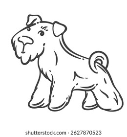 Terrier dog in cartoon doodle style with a cute beard and happy expression. Minimalist outline for coloring pages, stickers, kids crafts, and pet-themed designs.