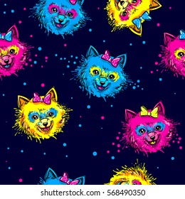 Terrier dog pattern. abstract seamless wallpaper for girls, textile, wrapping paper, fashion clothes. Pet on dark blue background in bright pink. yellow colors. Repeated backdrop