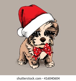 Terrier pup in Santa's hat. Vector illustration.