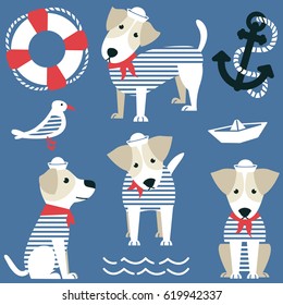 Terrier as a sailor and marine objects icon set. Cute dog dressed in a red bandana and white panama, gull, anchor, lifebuoy and paper boat vector collection. 