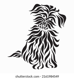 Terrier shaggy funny dog. Shaggy dog breed drawing. Black white illustration of a fluffy dog Isolated on white background. Linear drawing. Calligraphy image. Tattoo design.