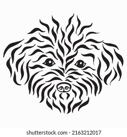 Terrier Shaggy Head, Funny Dog. Shaggy Dog Breed Drawing. Black White Illustration Of A Fluffy Dog. Linear Drawing. Calligraphy Image.