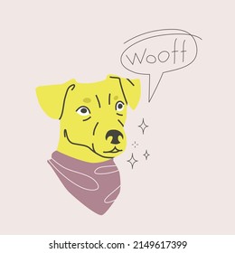 Terriere muzzle with speech bubble vector illustration. Dog wearing bandana. Retro cartoon pet character isolated on grey background.