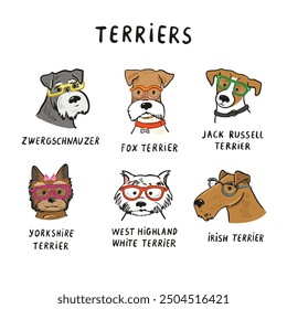 Terriers dog faces with glasses illustrations set.