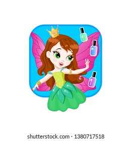 A terrific girl fairy in a crown with pink wings, a green smart dress, with brown hair and green eyes. Charming fairy admires her manicure. Jars with varnish. For icon, game. Vector illustration. EPS