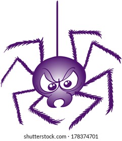 Terrific purple spider while going down thanks to its thread, showing a very bad mood and preparing to attack