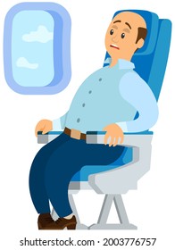 Terrified airplane passenger shocked by turbulent area. Man in airplane frightened by flight. Person suffers from aerophobia. Fear of flight, phobia, horror. Character looks frightened in plane window