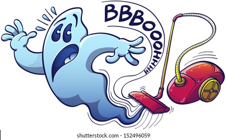 Terrified blue ghost in trouble trying to escape from being sucked with great power by a red evil vacuum cleaner which emits an onomatopoeic scary noise