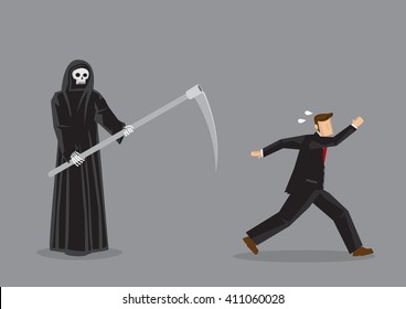 Terrified business professional running away from Grim Reaper, the God of Death. Vector illustration of on horror concept isolated on grey background.