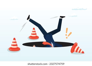 Terrified businessman fall down into the hole, failure or mistake causing catastrophe despair, problem or risk from crisis or recession, danger or business accident, trouble, loss or pitfall  (Vector)