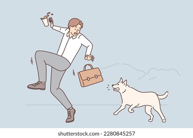 Terrified businessman run from aggressive dog on street. Scared male employee jump on place horrified with mad pet. Vector illustration. 