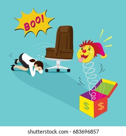 Terrified businesswoman hiding tricky toy, vector illustration cartoon