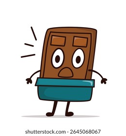 Terrified cartoon chocolate mascot with wide eyes and open mouth, showing intense fear as if someone is about to eat him.
