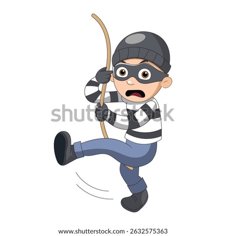 Terrified Cartoon Thief Falling from Rope Funny Slip and Escape Vector
