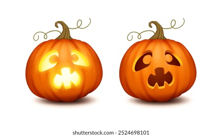 Aterrorizado jack-o-lantern esculpido com luz e sombra realístico ícones de cores definido. Rostos assustadores em abóboras 3d caracteres no fundo branco