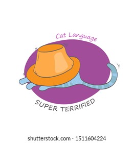 Terrified cat hiding under the hat. Behavior and body language of domestic animal or pet. Funny scene in hand drawn style. Cartoon character. Colorful vector illustration on white background  