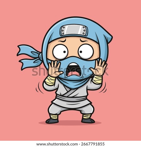A terrified chibi ninja character screams in fear, with a shocked expression and hands on his face. This funny cartoon warrior is dressed in light blue and white. Vector Illustration