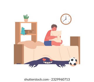 Terrified Child Boy Character with Closed Eyes, Hugging the Pillow, Fearing A Lurking Monster Beneath The Bed