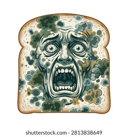 Terrified face emerging from moldy bread slice