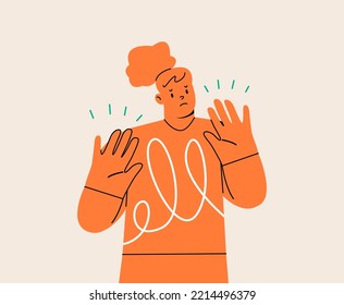 Terrified female feel frightened and stressed ask to stop. Emotion and fear concept. Colorful vector illustration 

