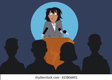 Terrified female speaker on a stage in front of the audience, EPS 8 vector illustration, no transparencies