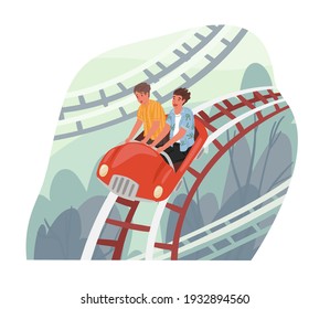 Terrified Friends Riding Roller Coaster Car, Rolling Down. People In Panic In Rollercoaster In Amusement Park. Colored Flat Cartoon Vector Illustration Isolated On White Background