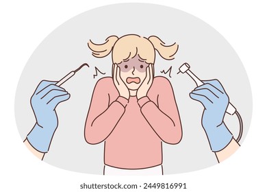 Terrified girl child scared of dentist. Shocked little kid afraid of dental doctor in clinic. Dentistry and children fears. Vector illustration.