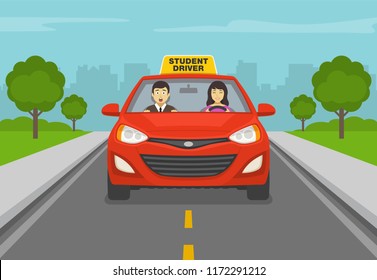 Terrified instructor sitting in car next to a female student driver. Woman driving a red car. Flat vector illustration template.