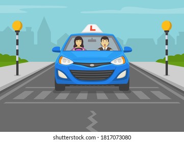 Terrified instructor sitting in a learning car next to a female student driver. Happy woman drives blue right-hand driving vehicle with red L plate on a roof. Flat vector illustration template.