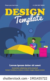 Terrified kid scared of monster shadow. Boy sitting in his bed at night flat vector illustration. Childhood, nightmare, problem concept for banner, website design or landing web page