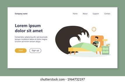 Terrified kid scared of monster shadow. Boy sitting in his bed at night flat vector illustration. Childhood, nightmare, problem concept for banner, website design or landing web page