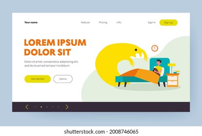 Terrified kid scared of monster shadow. Boy sitting in his bed at night flat vector illustration. Childhood, nightmare, problem concept for banner, website design or landing web page