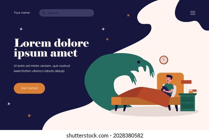 Terrified kid scared of monster shadow. Boy sitting in his bed at night flat vector illustration. Childhood, nightmare, problem concept for banner, website design or landing web page