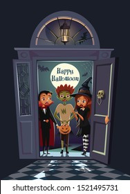 Terrified kids on the doorway scary house on Halloween night.Trick or treat