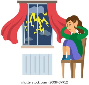 Terrified lady shocked by thunder and lightning. Woman frightened by thunderstorm. Person suffers from astraphobia. Fear of storm, phobia, horror. Character looks at rainy weather outside window