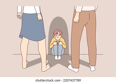 Terrified little boy child scared of aggressive violent parents. Upset crying small kid frightened of angry adults. Family fight and domestic violence. Vector illustration. 