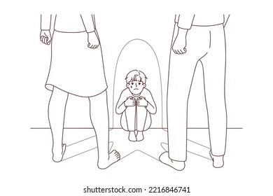 Terrified little boy child scared of aggressive violent parents. Upset crying small kid frightened of angry adults. Family fight and domestic violence. Vector illustration. 