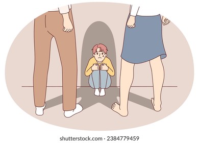 Terrified little boy child scared of aggressive violent parents. Upset crying small kid frightened of angry adults. Family fight and domestic violence. Vector illustration.