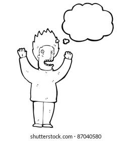 caricatura de hombre aterrorizado con burbuja de pensamiento