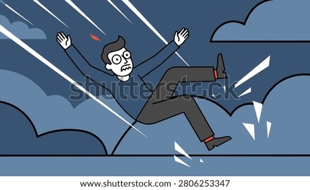 Terrified man falling down through a dark blue stormy sky surrounded by clouds and sharp shards of broken glass.