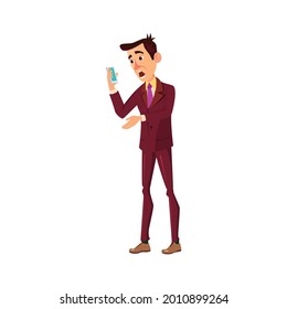 terrified man reading scary sms message on phone cartoon vector. terrified man reading scary sms message on phone character. isolated flat cartoon illustration