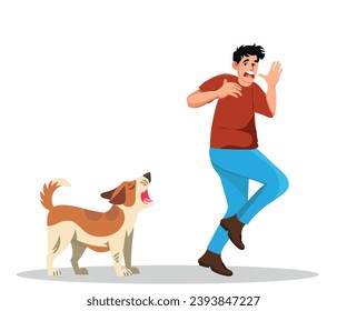 Terrified man runs away from aggressive dog on the street. Scared Employee Jumps in Place Horrified by Crazy Pet. Vector illustration.