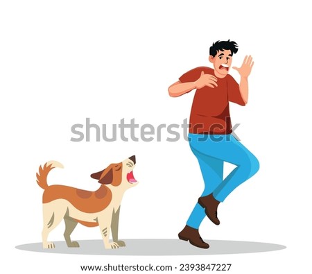 Terrified man runs away from aggressive dog on the street. Scared Employee Jumps in Place Horrified by Crazy Pet. Vector illustration.