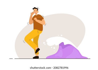 Terrified man shivering in front of the water wave. Person with hydrophobia. Phobia, psychological problem, anxiety and mental health concept. Modern flat vector illustration