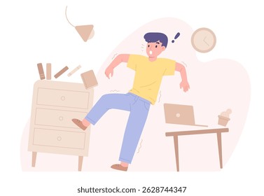 Terrified man is shocking in crumbling funitures and object in house during an earthquake. Emergency disaster awareness. Stay in the building during dangerous vibration. Flat vector illustration.