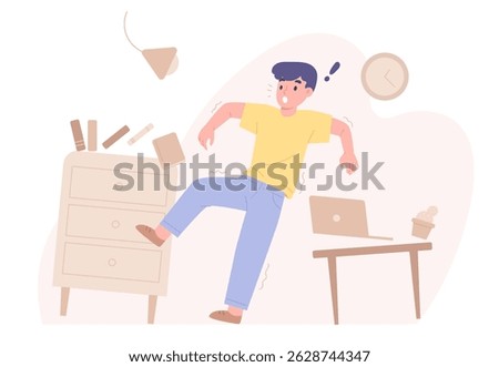 Terrified man is shocking in crumbling funitures and object in house during an earthquake. Emergency disaster awareness. Stay in the building during dangerous vibration. Flat vector illustration.